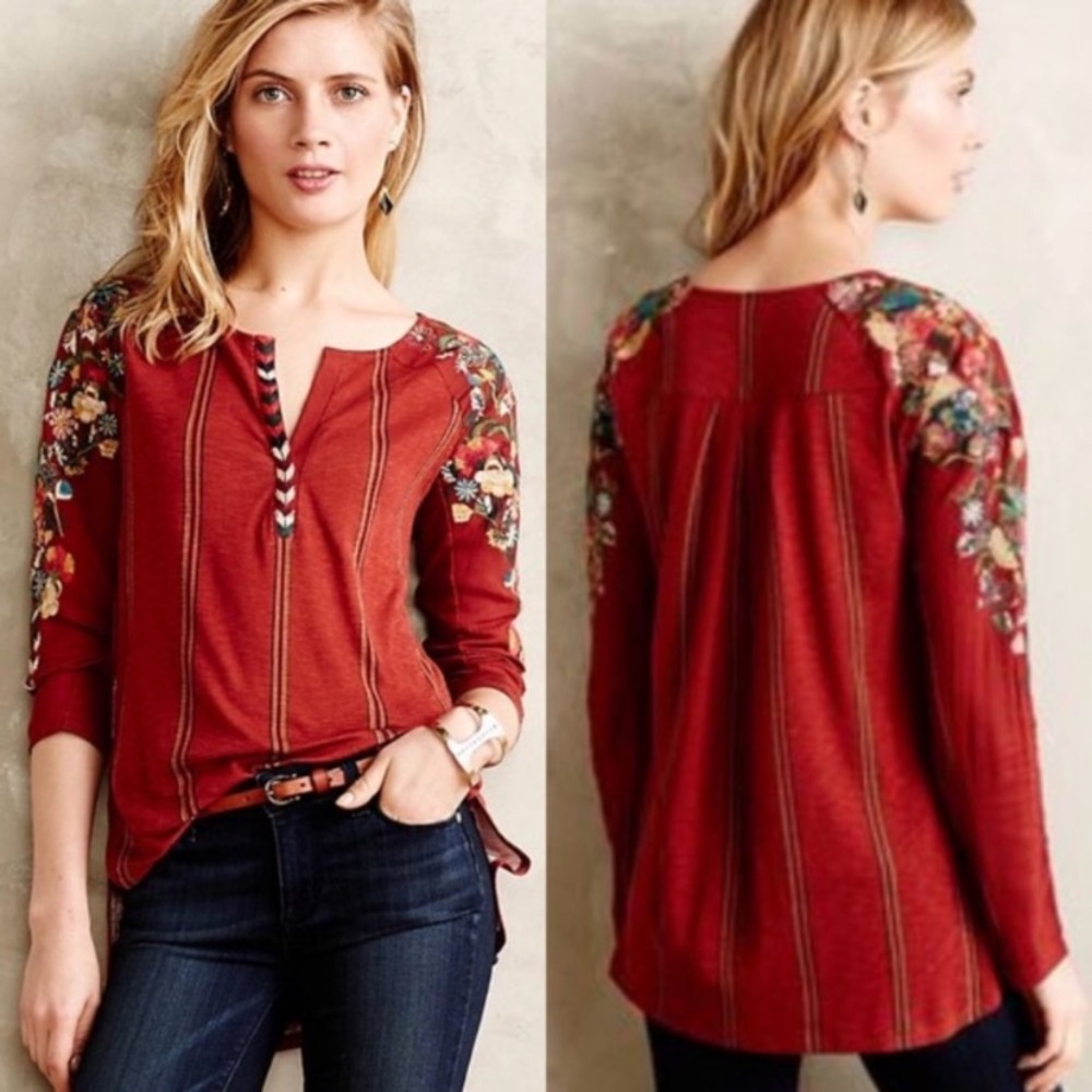Anthropologie Tiny Red Embroidered Long Sleeve Top S